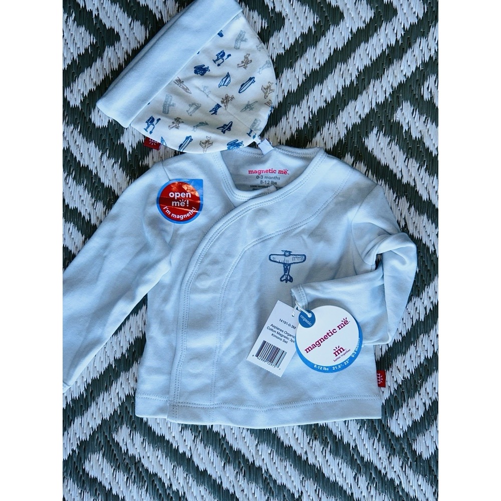 New Magnetic Me Airplanes Organic Cotton Magnetic 2pc Kimono Set in light blue